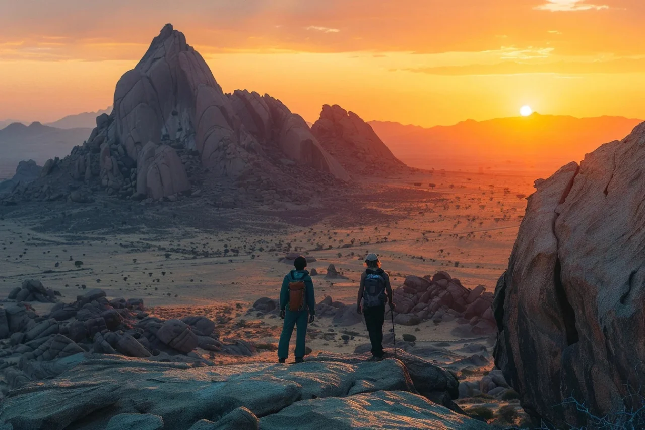Damaraland Spitzkoppe Sunset Hikers Silhouette — Namibia Reise — Travel Buddies