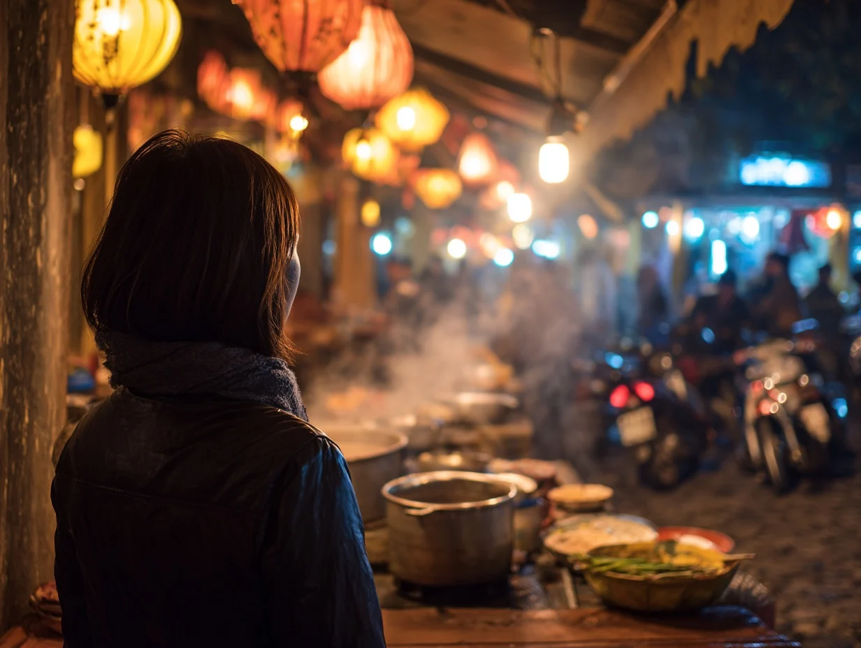Vietnamese woman in her 40s with dark, shoulder-length hair, seen from behind and slightly to the side, standing at a lively street food stall in Hanoi or Hoi An, during early evening, warm ambient lighting, steam rising from cooking pots, lanterns and scooters in the background, wide-angle view capturing more of the street scene than her person, should be clear that she is a customer not the vendor, cinematic and authentic atmosphere, documentary photography style, natural candid composition, low depth of field, style photographic --ar 4:3 --v 7 Job ID: a273db61-6bb0-4f03-991f-cd6c0136bb28