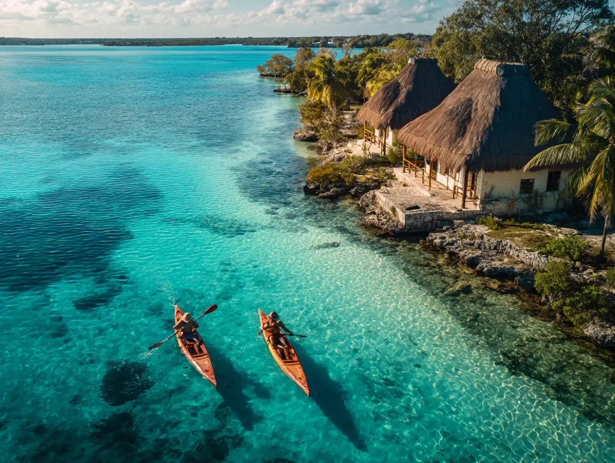 Bacalar Lagune Mexiko türkisblaues Wasser mit tropischer Vegetation
