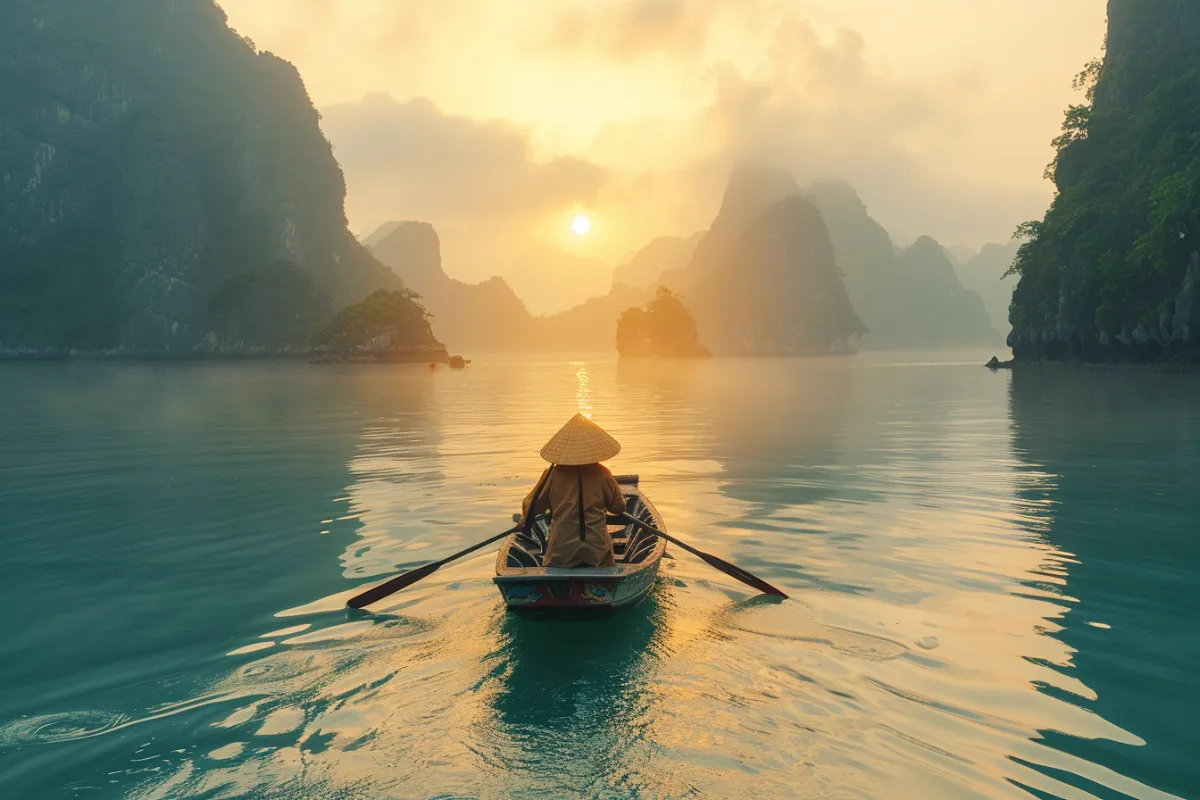 Vietnam Indonesien Rundreise - Frau im Kegelhut auf Boot in der Ha Long Bucht
