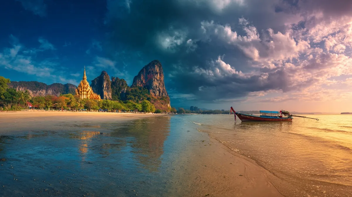 Thailand Panorama mit Tempel und Strand