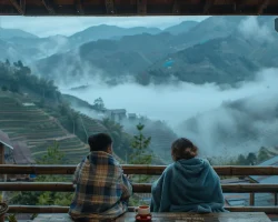 Scenic view from a wooden lodge balcony overlooking Sapa’s terraced hills, early morning light, mist still lingering, a middle-aged couple wrapped in blankets having tea on the balcony, seen from inside the room realistic photo style, natural lighting, 35mm lens perspective, cinematic composition --ar 3:2 --raw --stylize 250 --v 6 Job ID: a66ebed3-4cbf-4a8a-b2b9-5f60206226e7