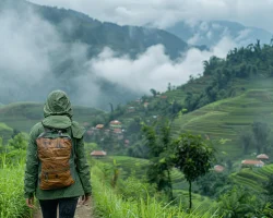 A solo traveler walking along a dirt path through Sapa’s terraced valley, seen from behind, wearing a rain jacket and small backpack, Hmong village in the distance, cloudy afternoon, lush green surroundings realistic photo style, natural lighting, 35mm lens perspective, cinematic composition --ar 3:2 --raw --stylize 250 --v 6 Job ID: a8b44055-7453-49d7-8eb3-0a8ecb1594f9